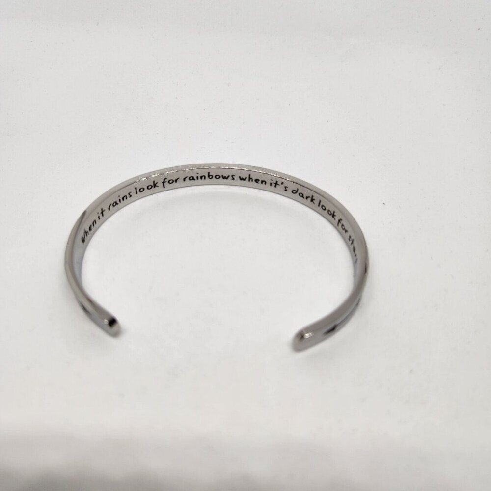 Affirmation Bracelet Silver Tone Cuff Rain And Rainbows Dark Stars Love Gift